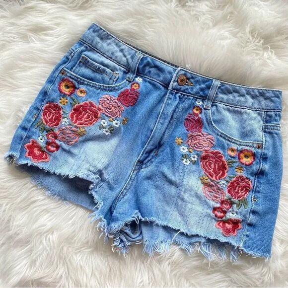 Forever 21 Pants - Embroidered Floral Denim Shorts